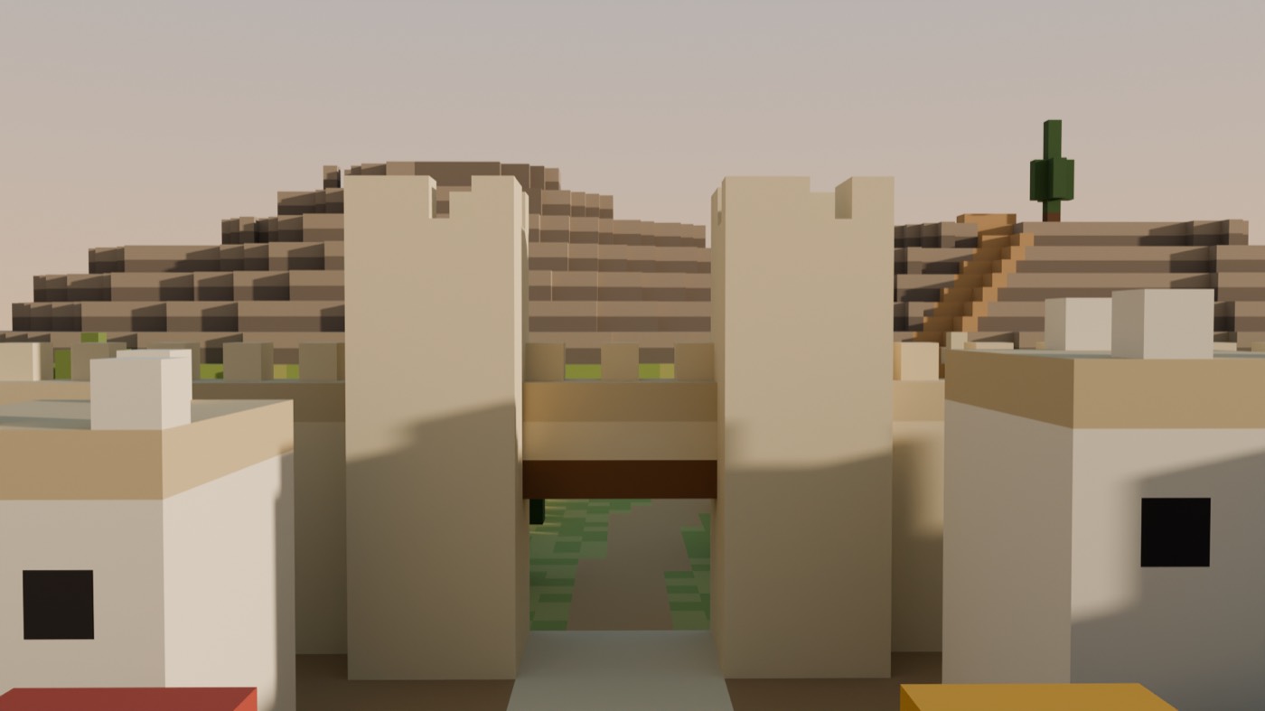 A walled town of pale stone at dawn, built from blocks. A street leads to the north gate, and beyond it a road climbs a rocky hill.
