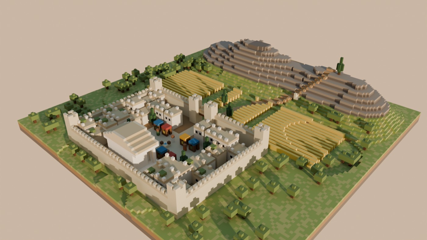 The whole episode seen from above: the walled town with its market and temple, fields outside the north gate, and a rocky ridge beyond.